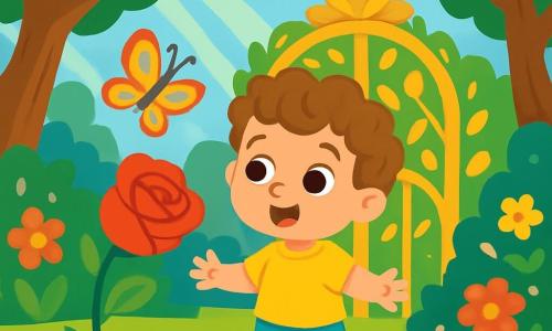 Um menino de 2 anos, chamado Bento, com cabelos cacheados e olhos brilhantes, está em frente a um portão de folhas douradas, exibindo uma expressão maravilhada e curiosa. Ao seu lado, uma rosa vermelha com pétalas vibrantes se inclina levemente, como se falasse com ele, enquanto uma pequena borboleta de asas coloridas dança ao redor. O jardim é exuberante, cheio de flores de todas as cores, com árvores de troncos retorcidos e raios de sol filtrando através da folhagem. Bento, com os braços abertos, parece pronto para explorar esse mundo mágico, enquanto a rosa lhe faz uma pergunta intrigante.
