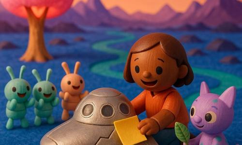 Ava, a round-smiling woman with short brown hair, kneels on the cobalt-blue, felt-like grass of planet Bluebelle, courageously and relievedly pressing a large sticky leaf onto a cracked wing of a small shiny silver craft while a lavender, big-eyed, pointy-eared creature with turquoise spots to her right hands her a shiny leaf and three pastel grasshopper-like creatures to the left applaud; purple jagged mountains, winding emerald rivers and a large glowing pink tree fill the background under a warm, playful sunset pink gradient sky, in a toy wooden diorama style with visible textures, bright colors, simple chunky forms, soft lighting and light shadows.