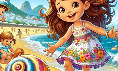 Uma menina de 8 anos, Lúcia, com longos cabelos castanhos e olhos brilhantes de curiosidade, está em uma praia de Copacabana, sorridente e cheia de energia. Ela usa um vestido colorido com estampas de flores e sandálias. Seus braços estão abertos, como se quisesse abraçar o mundo ao seu redor. Ao lado dela, seu amigo Miguel, um menino de 9 anos com cabelo curto e um boné azul, segura uma grande concha em forma de espiral, maravilhado com sua descoberta. Ele está inclinado para frente, com os olhos brilhando de excitação. Um pouco mais longe, Julia, outra amiga de 8 anos com tranças e um maiô listrado, constrói um castelo de areia, concentrada em sua obra. O local é uma praia animada, com ondas quebrando suavemente na areia dourada, guarda-sóis coloridos e famílias se divertindo. Ao longe, pode-se ver o famoso Pão de Açúcar erguendo-se majestoso sob um céu azul com nuvens brancas. A cena principal mostra Lúcia, Miguel e Julia aproveitando um piquenique alegre na praia, cercados de risos e brincadeiras, simbolizando amizade e aventura.