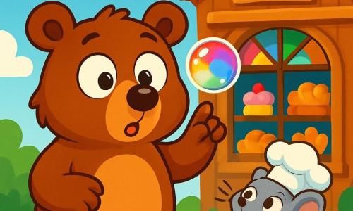 A large brown bear named Barry, with big round eyes and saucer-shaped ears, stands in the center of the image, looking surprised and amused, with a rainbow-colored bubble floating above his nose. Next to him, a small gray mouse wearing a baker's hat, eyes wide with curiosity, watches the bubble while nibbling on a piece of bread. In the background, a wooden bakery with colorful glass windows displays golden cakes and pastries, set against a light blue sky dotted with fluffy clouds. Barry, intrigued by the magic bubble, is about to touch it, while the excited mouse encourages him by raising a tiny paw.