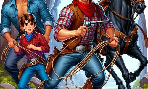 Un tânăr cowboy pe nume Jack, un bărbat de aproximativ 20 de ani, stă în centrul imaginii cu o expresie determinată pe față. Poartă o pălărie mare de cowboy maro, o cămașă în carouri roșii și albastre și cizme din piele uzate. El își agită o frânghie, pregătit să captureze banditul, având alături calul său Blaze, un mustang negru splendid, care pare și el pregătit de acțiune. La dreapta sa, Tom, un cowboy musculos de aproximativ 25 de ani, se apleacă înainte, gata să sară, cu o expresie de concentrare. Poartă o cămașă din denim și un eșarfă roșie la gât. La stânga, Mary, o tânără cowboy de 18 ani, are părul lung și brunet, ține un laț în mâini și zâmbește cu încredere, pregătită să-l ajute pe Jack. Scena se desfășoară la intrarea unei peșteri întunecate și misterioase, înconjurată de stânci abrupte și cactuși, sub un cer albastru strălucitor. Umbre îngrijorătoare se conturează în interiorul peșterii, sugerând prezența bandiților. Situația principală arată cum Jack și prietenii săi se pregătesc să înfrunte banditul Black Bart, cu o atmosferă de tensiune și excitație, ilustrând curajul și determinarea lor de a-și proteja satul.