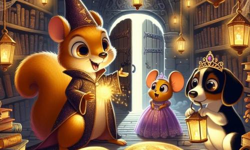 Ein kleiner, funkeläugiger Eichhörnchen mit goldenbraunem Fell, das ein glitzerndes Zauberkostüm trägt, hält eine Laterne, die sein erstauntes Gesicht erleuchtet. Es steht im Mittelpunkt der Szene, umgeben von mysteriöser Magie. Rechts von ihm lächelt eine kleine Maus mit einer Prinzessinnenkrone, runden, glänzenden Augen und hält ein aufgeschlagenes Buch, bereit, die Geheimnisse der Nacht zu entdecken. Links beobachtet ein schwarz-weißer Dachs mit entschlossenem Ausdruck aufmerksam eine alte, mit seltsamen Mustern verzierte Holztür, als wäre er bereit, sich auf ein Abenteuer einzulassen. Der Ort ist eine alte Bibliothek, voll mit staubigen Büchern in bunten Einbänden, mit Spinnweben in den Ecken und schwebenden Laternen, die den Raum in sanftes, warmes Licht tauchen. Die Hauptsituation zeigt die Freunde, die ein mysteriöses, magisches Buch entdecken, das in goldenem Licht erstrahlt und ein verborgenes Geheimnis für ihr Halloween-Abenteuer offenbart, während Schatten um sie herumtanzen und eine sowohl aufregende als auch geheimnisvolle Atmosphäre schaffen.