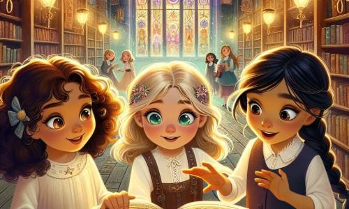 Drie zevenjarige meisjes, Emma, Noor en Mila, staan in het midden van de afbeelding, omringd door oude boeken. Emma, met haar bruine krullen en sprankelende ogen, kijkt verwonderd naar een groot open boek voor haar, terwijl Noor, met haar gladde zwarte haar, met haar vinger naar een mysterieuze illustratie op een pagina wijst. Mila, met haar blonde vlecht en stralende glimlach, houdt een oude kaart in haar handen, klaar om haar vriendinnen naar avontuur te leiden. Hun omgeving is een oude magische boekhandel, gevuld met hoge houten planken vol stoffige boeken, met lichtstralen die door kleurrijke glas-in-loodramen filteren en patronen op de versleten houten vloer projecteren. De scène vangt het moment waarop de drie vriendinnen een mysterieus boek ontdekken dat hen naar een ongelooflijk avontuur leidt, hun gezichten verlicht door nieuwsgierigheid en opwinding.