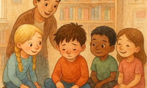 Hay 5 personajes: Lucas, niño de 8 años, pelo castaño alborotado, rostro sonrojado y tímido, sentado en el centro sobre una gran alfombra azul con la cabeza baja y una mano sobre el libro abierto; Sara, niña de 8 años, trenzas rubias, ojos grandes y curiosos, a la izquierda de Lucas inclinada hacia él y sonriendo; Mateo, niño de 8 años, pelo corto negro, expresión traviesa, a la derecha de Lucas sentado en postura de piernas cruzadas mirando el libro; Paula, niña de 8 años, pelo castaño claro, manos en las rodillas, detrás y ligeramente a la derecha de Lucas riéndose discretamente; la seño Carmen, mujer y maestra de unos 30 años, pelo castaño oscuro recogido en moño, mirada benevolente, de pie ligeramente atrás a la izquierda del grupo inclinada hacia los niños. Lugar: interior de una biblioteca escolar con estanterías de madera clara llenas de libros, luz suave que entra por una gran ventana a la izquierda y alfombra redonda azul con motivos de estrellas. Situación principal: momento de verdad: Lucas confiesa tímidamente que inventó la historia del dragón; escena calma y cálida de perdón y confianza, composición centrada en el círculo de niños alrededor del libro, colores cálidos tipo acuarela y textura granosa con leves pinceladas visibles.