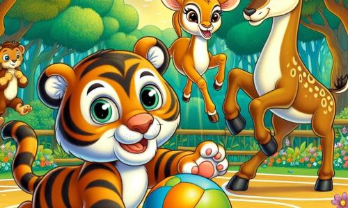 Un pequeño tigre llamado Tico, con rayas naranjas y negras, ojos brillantes y una amplia sonrisa, está lanzando un balón de balonmano con entusiasmo en un campo de juego en plena naturaleza. A su lado, Lila, una elegante gacela de patas largas y finas, con una mirada decidida, se prepara para atrapar el balón corriendo rápidamente. Un poco más lejos, Rocco, un gran oso pardo musculoso, con los brazos cruzados, muestra una expresión de orgullo mientras observa a sus amigos con una sonrisa benevolente. El lugar es un claro soleado, rodeado de majestuosos árboles con hojas verdes brillantes, y flores coloridas que añaden un toque de magia al entorno. Al fondo, otros animales del bosque, como pájaros y conejos, miran el partido con emoción. La situación principal muestra a Tico y sus amigos en plena acción, unidos en un momento de camaradería y competencia amistosa, listos para marcar un punto en su partido de balonmano.