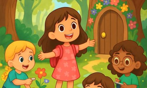 Er zijn 4 kinderen: Noor: een 7-jarig meisje met lang bruin haar en sprankelende ogen. Ze draagt een roze bloemenjurk en houdt een kleine rugzak vast. Ze staat in het midden met open armen, verwonderd door het landschap. Mila: een 7-jarig meisje met blonde vlechten en een ondeugende glimlach. Ze draagt een blauwe t-shirt en een spijkerbroek. Ze staat links van Noor en wijst naar een kleurrijke bloem. Sara: een 7-jarig meisje met krullend haar en ronde bril. Ze draagt een groene blouse en gele broek. Ze staat rechts van Noor en maakt aantekeningen in een klein notitieboekje. Emma: een 7-jarig meisje met kastanjebruin haar en een kleine bloemenkrans. Ze draagt een witte jurk en danst vrolijk bij de rivier. De situatie speelt zich af in een prachtige open plek in een betoverd bos, omringd door majestueuze bomen met dikke stammen en glinsterende bladeren die het zonlicht filteren. In het midden kronkelt een kleine rivier met kristalhelder water tussen gladde stenen, en kleurrijke bloemen sieren de oevers. De hoofdscène toont de vier vrienden die een geheime weg ontdekken, omzoomd met stralende bloemen, die leidt naar een magische deur in een grote eik. Ze zijn allemaal verwonderd en glimlachend, klaar om een wereld vol magie en avonturen binnen te gaan.