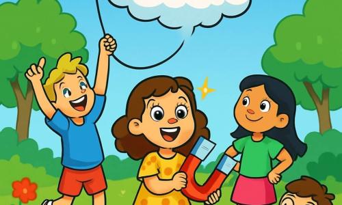 Er zijn 4 kinderen: Kim, een 8-jarig meisje met bruin, krullend haar in een gele stippenjurk, staat in het midden met een glanzende magneet en opgewonden ogen. Sam, een 9-jarige jongen met rommelig blond haar in een blauw T-shirt en een rode short, staat links en steekt zijn armen in de lucht nadat hij een lang touw naar de lucht heeft gegooid. Noor, een 7-jarig meisje met zwart, steil haar in een groen T-shirt en een roze rok, staat rechts met haar handen op haar heupen en kijkt met een vastberaden glimlach naar de wolk. Leo, een 8-jarige jongen met kastanjebruin haar en een bril in een oranje trui, staat achter Kim en houdt het uiteinde van het touw vast, klaar om te helpen. De scène speelt zich af in een zonnige tuin vol kleurrijke bloemen en groene bomen, met een stralende blauwe lucht en enkele witte wolken. In het midden zweeft een omgekeerde wolk met een donzige textuur, wat een magische sfeer creëert. De kinderen werken samen om de wolk rechtop te krijgen; Sam gooit enthousiast het touw terwijl Kim de magneet gebruikt om de wolk aan te trekken, terwijl Noor en Leo hun vrienden aanmoedigen met glimlachen, wat een vrolijke en energieke scène creëert waarin het absurde een leuk avontuur wordt.