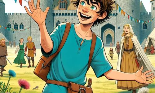 Un ragazzo di 12 anni, con capelli castani disordinati e occhi brillanti di curiosità, si trova al centro dell'immagine, con le braccia aperte e un ampio sorriso, meravigliato dal suo nuovo ambiente. Indossa una maglietta blu e pantaloni di jeans, con una piccola borsa di pelle alla cintura. Alla sua destra, un giovane scudiero di circa 14 anni, con capelli biondi e lentiggini, osserva Luca con un misto di curiosità e diffidenza. Indossa una tunica di lino beige e pantaloni di pelle, tenendo una spada di legno in mano. Lo sfondo è un grande castello medievale, con muri di pietra grigia, torri slanciate e bandiere colorate che sventolano al vento. Fiori selvatici crescono intorno al cortile, dove i bambini giocano con una palla di paglia, mentre donne in abiti colorati trasportano cesti di frutta. La scena principale mostra Luca, abbagliato dalla magia di questo viaggio nel tempo, che scopre un mondo vibrante e vivo, mentre lo scudiero si avvicina a lui, incuriosito da questo nuovo arrivato.
