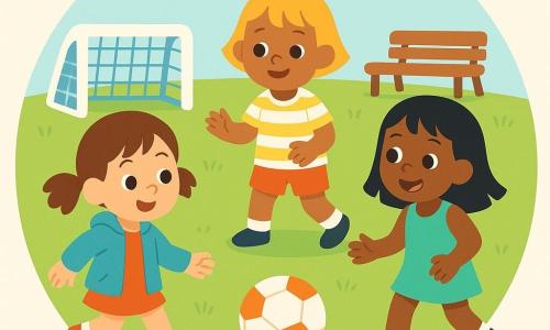 Tre bambine di 4 anni giocano a calcio in un piccolo parco soleggiato: a sinistra una bimba con i capelli castani in due codine, giacca azzurro cielo e scarpe rosse dà un leggero calcio a un pallone bianco e arancione; al centro una bimba bionda con maglietta gialla a righe bianche riceve la palla con le mani pronte, guardando le amiche; a destra una bimba dai capelli neri lisci in tutina sportiva verde sorride pronta a rinviare il passaggio verso sinistra; prato verde morbido, una porta bassa bianca con rete blu sullo sfondo, fiori gialli, panchina distante, cielo azzurro con qualche nuvola, atmosfera calda, amichevole e colorata.