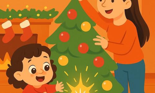 Una niña de 2 años, Noelia, con grandes ojos brillantes y cabello rizado castaño, se encuentra frente a un árbol de Navidad decorado con bolas rojas y doradas. Tiene una sonrisa maravillada y sus pequeñas manos están extendidas hacia una caja brillante. A su lado, su mamá, una mujer sonriente de unos 30 años con cabello largo y liso, ajusta una estrella dorada en la cima del árbol, mirando a Noelia con ternura. El lugar es una sala acogedora, llena de luces parpadeantes y guirnaldas, con una alfombra suave y medias de Navidad colgadas en la chimenea. La escena principal muestra a Noelia descubriendo la caja mágica que se abre, dejando escapar una luz brillante, llena de alegría y sorpresa.