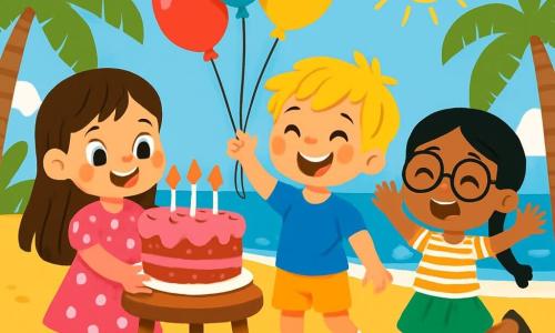 Hay 3 personajes: - Sofía: una niña de 6 años, con largos cabellos castaños y ojos brillantes. Lleva un vestido rosa con lunares blancos y sostiene un gran pastel de cumpleaños decorado con velas. - Tomás: un niño de 5 años, con el cabello rubio despeinado y una sonrisa radiante. Lleva una camiseta azul y pantalones cortos amarillos, y sostiene globos de colores. - Lila: una niña de 6 años, con cabello negro trenzado y gafas redondas. Lleva una falda verde y una camiseta a rayas, y está saltando de alegría cerca de la mesa. Los tres niños están en una playa dorada, rodeados de palmeras verdes y un cielo azul brillante. El sol brilla y suaves olas llegan a la orilla. La situación principal muestra a los niños celebrando el cumpleaños de Sofía, con globos flotando en el aire y risas alegres. Están emocionados, listos para soplar las velas del pastel y hacer un deseo juntos.