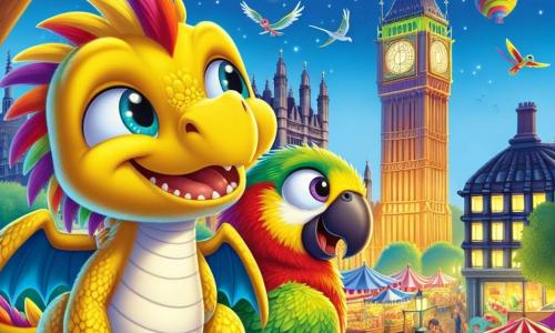 Un pequeño dragón llamado Fabián, con un cuerpo cubierto de plumas amarillas y alas azul brillante, sonríe con asombro mientras se encuentra en una rama de árbol, observando la majestuosa ciudad de Londres. A su lado, su amigo Lucho, un loro colorido con plumas verdes, rojas y amarillas, ríe alegremente mientras señala con el pico hacia el famoso Big Ben que se erige majestuosamente al fondo. La escena tiene lugar en un mercado animado, lleno de coloridos puestos de comida y gente sonriente, con luces centelleantes y globos flotantes que añaden un toque de magia. Fabián y Lucho están planeando su próxima aventura, con los ojos brillantes de emoción mientras se preparan para explorar aún más maravillas de la ciudad.