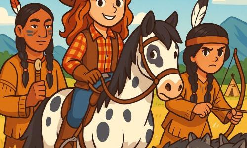Una giovane cowgirl, Laura, è al centro dell'immagine, con lunghi capelli ondulati, un cappello da cowboy in pelle e un sorriso determinato. Indossa una camicia a quadri rossa e un gilet di pelle, ed è a cavallo del suo fedele cavallo, Silver, di bella pelliccia bianca con macchie nere. Alla sua destra, un giovane indiano di circa 12 anni, con capelli lunghi e intrecciati, indossa una tunica di pelle decorata con piume e tiene un arco di legno, pronto a difendere il suo villaggio. A sinistra, un indiano più anziano di circa 30 anni, con un volto saggio e tatuaggi tradizionali, osserva la scena con occhi pieni di gratitudine, tenendo un bastone cerimoniale. Il paesaggio è una vasta prateria dorata, punteggiata di fiori selvatici colorati, con colline verdi sullo sfondo e un cielo blu brillante, punteggiato di nuvole bianche. In lontananza si intravede un villaggio indiano con dei tipì. La scena principale mostra Laura e gli indiani pronti a difendere il loro villaggio da un gruppo di lupi minacciosi, con un'atmosfera di tensione e coraggio palpabile nell'aria.