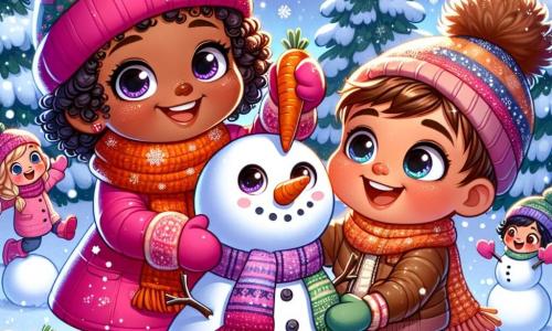Una niña de 4 años, Clara, con grandes ojos brillantes y cabello rizado, lleva un abrigo rosa y un gorro de lana. Está construyendo un gran muñeco de nieve en un jardín nevado, su rostro radiante de alegría. A su lado, su amigo Lucas, un niño de 5 años con cabello rubio y una sonrisa contagiosa, sostiene una zanahoria que va a poner como nariz en el muñeco de nieve. Más lejos, Sofía, una niña de 4 años con trenzas castañas y una bufanda colorida, lanza bolas de nieve riendo, sumando a la atmósfera festiva. El paisaje es un encantador escenario invernal, con árboles cubiertos de nieve brillante y copos que caen suavemente del cielo. La escena irradia una alegría mágica, capturando el espíritu de la celebración de Año Nuevo.