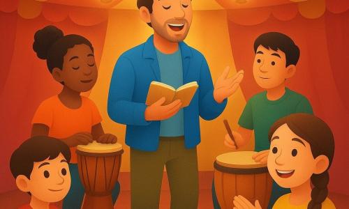 Miguel, homem adulto, alegre e sereno, canta segurando um caderninho de letras; Laila, percussionista jovem, toca um atabaque com as palmas; Kenji, jovem de origem asiática, segura baquetas perto de um tambor e observa Miguel; Sofia, menina com aparelho e trança, marca o tempo batendo palmas; Tomás, garoto com protetor auricular colorido, segura um chocalho prateado e sorri timidamente; uma menina faz o gesto do vento e um rapaz de boné vermelho marca passos no tapete; tudo ocorre no interior de uma lona redonda vermelha e amarela com tapete grosso, lanternas que espalham luz dourada e instrumentos dispostos em círculo, cena de ensaio musical íntimo e caloroso, luz suave e cores harmoniosas.