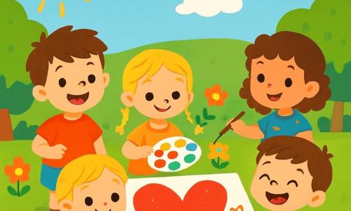Há 4 crianças: - Tomás: um menino de 3 anos, com cabelo castanho bagunçado e um sorriso radiante. Ele segura um pincel em uma mão e olha para um grande coração colorido que pintou. - Luísa: uma menina de 3 anos, com cabelo loiro trançado e olhos brilhantes. Ela está sentada ao lado de Tomás, segurando uma paleta de pintura cheia de cores vivas. - Sofia: uma menina de 3 anos, com cabelo cacheado e um vestido florido. Ela está em pé, desenhando uma pequena flor ao lado do coração gigante. - Gabriel: um menino de 3 anos, com cabelo castanho e um grande sorriso. Ele está sentado no chão, com um pincel verde, rindo e mostrando seu nariz pintado de verde. O local é um jardim ensolarado, cheio de flores coloridas e árvores verdes. O céu é azul com algumas nuvens brancas fofas. No centro, há uma grande folha de papel na qual as crianças pintaram um enorme coração vermelho, cercado por desenhos de flores e pequenos corações. A situação principal mostra as crianças criando juntas um grande coração colorido para o Dia das Mães. Elas riem e se divertem, cada uma adicionando seu toque pessoal a esta obra de arte alegre, cheia de cores vivas e felicidade.