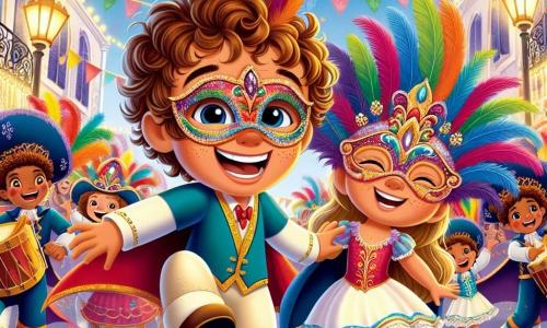 Um menino de 6 anos, Lucas, com cabelos cacheados e um grande sorriso, usa uma máscara colorida adornada com penas brilhantes. Ele dança alegremente no meio de uma rua movimentada, seus olhos brilhando de felicidade. Ao seu lado, uma menina de 6 anos, Sofia, vestida de linda borboleta com asas multicoloridas, ri enquanto gira ao seu redor, acrescentando à magia do momento. A cena acontece em uma rua festiva da ilha Alegria, decorada com guirlandas coloridas e lanternas cintilantes, onde as pessoas dançam e cantam ao ritmo dos tambores. Confetes flutuam no ar, criando uma atmosfera alegre e vibrante. Lucas e Sofia, cercados por outras crianças em trajes variados, se divertem juntos, compartilhando risos e sorrisos enquanto participam de um desfile de carnaval cheio de cores e música contagiante.