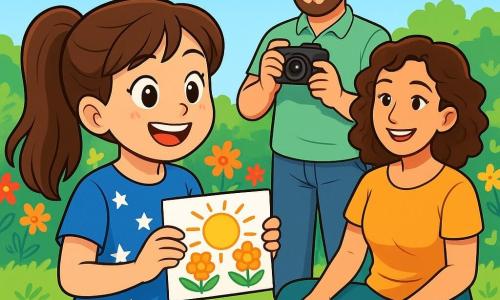 Uma menina de 10 anos, com longos cabelos castanhos presos em um rabo de cavalo, sorri alegremente, seus olhos brilhando de felicidade. Ela usa uma camiseta azul com estrelas brancas e um short colorido, segurando uma faixa de papel decorada com desenhos de sol e flores. Ao seu lado, sua mãe, uma mulher de cerca de 35 anos, com cabelos cacheados castanhos e um sorriso caloroso, está sentada em uma toalha de piquenique, cercada por pratos coloridos. O pai, um homem de cerca de 40 anos, com uma barba leve e óculos, está atrás deles, segurando uma câmera, pronto para capturar esse momento especial. A cena ocorre em um jardim ensolarado, cheio de flores vibrantes e vegetação luxuriante, com um céu azul claro ao fundo. No centro, a menina orgulhosamente apresenta um pequeno presente feito à mão para sua mãe, cercada de risos e alegria, criando uma atmosfera festiva e calorosa, cheia de amor e cumplicidade.