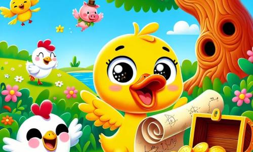 Um pato chamado Quim, com plumagem amarela brilhante e olhos cheios de curiosidade, está alegremente no centro da imagem, segurando um velho pedaço de papel enrolado que representa um tesouro. Ao seu lado, uma pequena galinha chamada Gabi, com penas brancas e um chapéu de palha, salta de alegria, enquanto um porquinho chamado Pipoca, com pele rosa e manchas marrons, ri enquanto se esfrega na barriga. O cenário é um campo verdejante, salpicado de flores coloridas e uma grande árvore antiga com tronco tortuoso, sob um céu azul claro com algumas nuvens fofas. Quim, Gabi e Pipoca estão descobrindo um tesouro enterrado na terra, cercados de risadas e excitação, com maçãs vermelhas brilhantes transbordando de uma caixa de madeira.