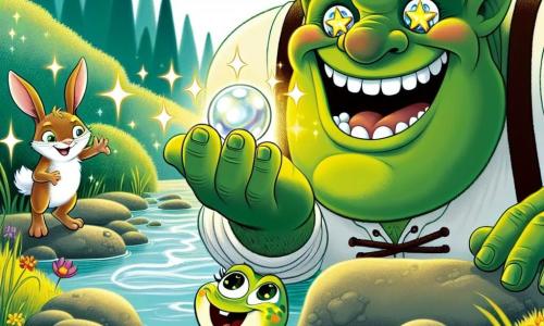 Un ogre numit Ovidiu, mare și impunător, cu o piele verde strălucitoare și ochi strălucitori ca stelele, stă la marginea unui pârâu. El zâmbește larg, arătându-și bunătatea, în timp ce ține delicat o perlă strălucitoare în mâinile sale mari. Lângă el, o broscuță mică numită Bibi, cu o piele verde și pete galbene, sare de bucurie, ochii ei strălucind de fericire. Este mică și drăguță, cu un aer entuziast, și se află chiar în fața lui Ovidiu, privind perlă cu uimire. Un pic mai departe, un iepure tânăr numit Ionuț, de aproximativ 5 ani, cu blană maro deschis și urechi mari, observă scena cu un zâmbet prietenos, așezat pe o piatră plată la marginea pârâului. Decorul este o splendidă poiană de pădure, unde soarele filtrează printre frunzele copacilor, iluminând pârâul cu ape cristaline care șerpuiesc printre flori colorate și iarbă înaltă. Situația principală arată cum Ovidiu, ogrele binevoitor, îi restituie perla magică lui Bibi, broscuța, creând un moment de bucurie și prietenie în inima naturii încântate.