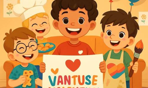 There are 4 children: Oscar, an 8-year-old boy with curly hair and a bright smile, is in the center holding a large paper sign that says "Happy Valentine's Day!" in colorful letters. Henry, also 8, has round glasses and a dinosaur-patterned t-shirt, is to the left of Oscar, laughing and holding a dinosaur-shaped cookie. Max, 8, has messy brown hair and a painter's apron, is to the right of Oscar, holding a large brush and a colorful heart he just painted. Leo, 8, has blonde hair and an oversized chef's hat, is behind Oscar, smiling and holding a plate full of heart-shaped cookies. The setting is a cozy living room decorated with paper heart garlands and colorful balloons floating from the ceiling. Heart-shaped cookies are placed on a wooden table, and glitter sparkles on the floor. Children's drawings adorn the walls, adding a cheerful touch to the atmosphere. The main scene shows the children preparing a Valentine's Day party, laughing together while decorating the room with hearts and balloons, creating a festive and friendly ambiance.