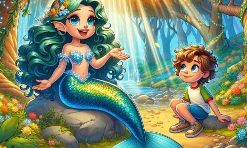 In a magical corner of the forest, a mermaid named Mira, with long wavy seaweed-colored hair and a shimmering tail in shades of blue and green, smiles with sparkling eyes full of excitement. She sits on a rock surrounded by glowing flowers, reaching out to a young boy named Leo, about 10 years old, with curly hair and bright eyes. Leo, wearing a colorful t-shirt and shorts, looks at Mira in wonder, eager to listen. The setting is an enchanted clearing where a sparkling stream winds through majestic trees with golden leaves, and vibrant flowers brighten the ground. Sunlight filters through the branches, creating a warm and magical atmosphere. The main scene shows Mira and Leo exchanging words while the gentle murmur of the stream surrounds them. Mira explains to Leo that he must help her protect the magic of the forest, as a light breeze makes the leaves dance around them, adding a touch of mystery to their conversation.