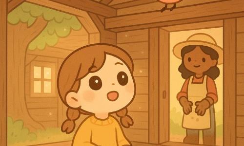 An 8-year-old girl, delighted and wide-eyed with light brown braided hair, wearing a yellow sweater and sneakers, sits on a wool blanket inside a small rustic wooden cabin under a large oak, looking up to listen as a small round red bird named Red with a bright red chest perches on a beam singing; the mother (30–35) is visible through a slightly open door, smiling with dirt-stained gardener’s hands in the background, golden dusk sunlight filters through small windows with dust motes, floorboards and exposed beams show wood grain, warm springtime pastel colors (soft yellow, tender green, coral red), simple patterns, centered clear composition, kawaii minimal style with rounded shapes and few details.