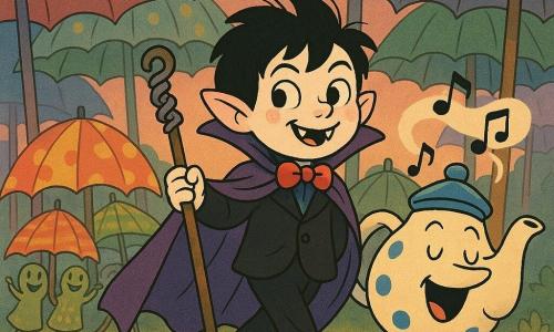 Vlad, een klein vampierenjongetje met ondeugende glimlach, glanzende ogen, ros-witte huid, rommelige zwarte haren en een te grote paarse cape, loopt trots vooraan in een vrolijke parade met een oude kurkentrekker als staf; naast hem rolt een grote crèmekleurige theepot met blauwe stippen die zingt, terwijl verschillende antropomorfe, bontgekleurde paraplu’s (rode strepen, gele stippen, groene ruitjes) erachter paradeerden met handvatten als armen en zwiepend lachende doeken; op de achtergrond een bos van reuzengrote paraplu’s als bomen, lichtstralen door het patroon, confetti en regenboogcakekruimels op de grond, zachte schemerlucht, warme speelse sfeer, verzadigde kleuren en zichtbare stoftexturen, met overdreven mimiek en levendige gebaren.