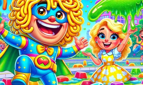 Super-Homem-Miojo é um homem alegre com cabelos amarelos em forma de macarrão, um grande sorriso travesso e olhos brilhantes de malícia. Ele está pulando em uma poça de gelatina colorida, espirrando gelatina verde ao seu redor enquanto ri. Dona Fofinha, uma mulher de cabelos cacheados e olhos brilhantes, está ao seu lado, segurando um grande travesseiro macio e rindo. Ela usa um vestido colorido com estampas de nuvens e parece pronta para lançar seu travesseiro. Capitão Pum, um garoto com uma capa azul brilhante e um sorriso travesso, faz bolhas de glitter que flutuam ao redor, adicionando um toque mágico à cena. A cena acontece em uma grande praça ensolarada, cheia de gelatina de todas as cores, com árvores verdes e flores vibrantes ao fundo. Risadas ecoam no ar, e um pequeno pato desliza sobre a gelatina, trazendo um toque cômico. A situação principal mostra Super-Homem-Miojo e seus amigos em uma festa, pulando e brincando na gelatina, criando uma atmosfera alegre e divertida, cheia de risos e camaradagem.