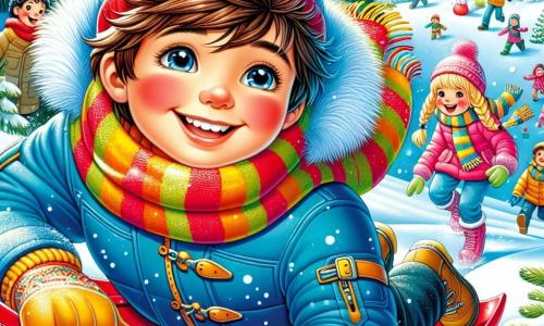 Um menino de 12 anos, Lucas, com cabelos castanhos bagunçados e bochechas rosadas pelo frio, sorri com admiração enquanto desliza em um trenó vermelho brilhante por uma ladeira coberta de neve. Ele usa um grosso casaco azul, um cachecol listrado e luvas amarelas, seus olhos brilham de alegria. Perto dele, uma menina de 11 anos, sua irmã, com cabelos loiros trançados e um gorro rosa, lança uma bola de neve rindo, suas bochechas também vermelhas de felicidade. Ao fundo, um grupo de crianças, todas vestidas com roupas coloridas, se divertem fazendo bonecos de neve e brincando na neve cintilante. A cena transmite uma atmosfera de alegria e camaradagem, cheia de risos e magia invernal.