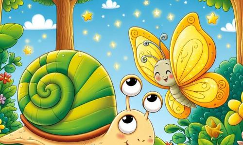 Um caracol chamado Carlinhos, com uma concha espiral colorida em verde e amarelo, avança lentamente sobre uma folha verde, seu rosto expressando curiosidade e admiração. Ao seu lado, uma alegre borboleta amarela, com asas delicadas e translúcidas, voa graciosamente no ar, encorajando-o com um sorriso amigável. Ao fundo, um jardim luxuriante se estende, repleto de flores vibrantes, grandes árvores com troncos robustos e um céu azul claro salpicado de nuvens brancas e fofas. A cena representa Carlinhos e a borboleta descobrindo juntos um lugar mágico no fundo do jardim, onde as estrelas brilham e parecem sussurrar segredos encantados.