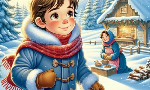 Un ragazzo di 11 anni, Marco, con capelli castani scompigliati e guance arrossate dal freddo, sta camminando in un magnifico paesaggio invernale. Indossa un pesante cappotto blu, una sciarpa rossa e guanti, e il suo viso esprime gioia e meraviglia. Nelle vicinanze, sua madre, una donna di circa trent'anni con capelli castani e un sorriso caloroso, prepara biscotti alla cannella in una piccola casa di legno visibile sullo sfondo. Guarda Marco con tenerezza, felice di vederlo divertirsi nella neve. Il luogo è un affascinante villaggio di montagna, circondato da dolci colline coperte di neve scintillante sotto il sole invernale. Alberi maestosi, con i rami carichi di neve, si ergono tutt'intorno, creando un'atmosfera magica. La scena principale mostra Marco che si ferma per osservare impronte di animali nella neve, intrigato e curioso, mentre tiene la sua macchina fotografica pronta a catturare la bellezza della natura.