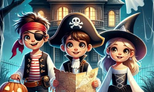 In a magical Halloween scene, three children stand in front of a haunted house. Sam, a 10-year-old boy, is dressed as a pirate with a black hat, a red bandana, and an eye patch, holding a treasure map with a big smile. Leo, a 9-year-old boy, is dressed as a little ghost in a white sheet, with round eyes and a mix of fear and curiosity, standing slightly back and looking at the house wide-eyed. Mia, a 10-year-old girl, is dressed as a witch in a sparkling black dress, a pointed hat, and holding a sparkling wand, proudly standing in the center, ready to enter. The haunted house is old, with weathered wooden walls, dark windows, and a porch covered in cobwebs. A flickering light emanates from inside, creating a mysterious atmosphere. The children are preparing to enter the house, determined to take on the candy quest, their backpacks filled with bright, colorful treats. Their faces are lit with excitement and a hint of apprehension as the wind gently blows, rustling the autumn leaves around them.