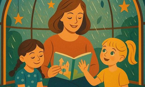 Drie personen in een ronde glazen koepel in het park: Sam (6) met twee bruine vlechtjes en een blauwe stippenjurk links op een groot kussen, tikkt zacht op de maat met haar knie en glimlacht geconcentreerd; Noor (6) met blond staartje, geel T‑shirt en groene rok rechts, slaat de maat op het glas en kijkt verwonderd naar de regen; de moeder (~35) met los lichtbruin haar en lichtroze trui zit in het midden achter de kinderen en houdt een getekende kaart vast terwijl ze stralend glimlacht. De koepel heeft kleurrijke kussens (koraal, mosterd, hemelsblauw), papieren sterren guirlandes, gouden lichtvlekken door het glas en enkele groene bladeren buiten; fijne regen trommelt op het glas, de sfeer is warm en intiem, de kinderen spelen een klein toneel voor hun moeder met zachte gebaren, warme kleuren, zachte texturen, heldere lijnen en gestileerde geometrische art déco-vormgeving.