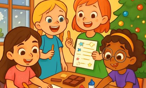 Er zijn vier kinderen: Noor, een 8-jarig meisje met lang bruin haar en sprankelende ogen, in een roze jurk met glitters, zit aan de tafel te tekenen op een groot stuk papier. Mila, een 7-jarig meisje met blonde vlechten en een stralende glimlach, staat in een blauwe jurk met een potlood in de hand en kijkt enthousiast naar Noor. Yara, een 6-jarig meisje met krullend haar en ronde bril, in een paarse jurk, zit naast de tafel en plakt papieren sterren op haar blad. Fien, een 7-jarig meisje met rood haar en sproeten, in een groene jurk, staat naast Mila en toont haar blad vol wensen. De ruimte is een gezellige woonkamer, versierd voor het nieuwe jaar met glinsterende slingers en kleurrijke ballonnen aan het plafond. Een grote houten tafel is bedekt met knutselspullen, chocolade en heerlijke oliebollen. Door het raam vallen sneeuwvlokken zachtjes naar beneden. De vier meisjes zijn blij en geconcentreerd bezig met het maken van wensen voor het nieuwe jaar op hun papieren, omringd door een feestelijke en vrolijke sfeer.