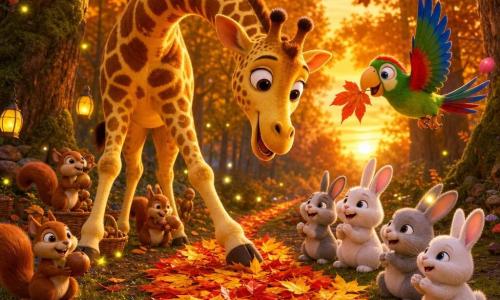 Una giraffa sorridente e meravigliata, grande e maculata di giallo e marrone, inclina il lungo collo per sistemare un tappeto di foglie rosse, gialle e arancioni con i suoi zoccoli delicati; un pappagallo colorato (Pico) dai pennacchi verdi, rossi e blu vola vicino tenendo una foglia nel becco come proponendo un'idea; alcuni coniglietti tondi e soffici, bianchi e grigi, seduti a destra sul tappeto guardano e applaudono; sullo sfondo a sinistra scoiattoli portano nocciole e piccole lucciole brillano intorno; una radura nel bosco con alberi alti, tronchi marroni, muschio verde e fogliame autunnale, luce calda del tramonto; scena di festa amichevole e colorata, composizione centrata su giraffa e pappagallo, stile cartoonesco 3D, colori saturi e contrasti morbidi.