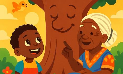 Ein kleiner Junge namens Kwaku, 8 Jahre alt, mit leuchtenden Augen und einem breiten Lächeln, steht unter einem riesigen Baobab. Er trägt ein buntes T-Shirt und eine leichte Shorts und schaut fasziniert zu dem großen Baum, der ihm zu sprechen scheint. Neben ihm sitzt eine weise alte Frau, wahrscheinlich in den Sechzigern, mit geflochtenem weißen Haar und einem lächelnden, faltigen Gesicht, auf einem Stein. Sie trägt ein traditionelles Kleid mit lebhaften Mustern und erzählt ihm eine fesselnde Geschichte. Der Ort ist von goldenem Licht durchflutet, mit bunten Blumen und singenden Vögeln um sie herum. Kwaku hört aufmerksam zu, mit weit aufgerissenen Augen, bereit für ein großes Abenteuer.