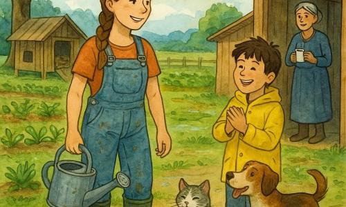 Una joven agricultora sonriente y serena, cabello castaño claro en trenza, con peto vaquero manchado y botas de goma embarradas, sostiene una regadera metálica y mira el paisaje tras la lluvia; junto a ella, Diego, un niño de unos 11 años de cabello castaño revuelto y chubasquero amarillo, está junto a un establo de madera riendo y secándose las manos; al fondo, la madre con el pelo gris en moño sonríe desde la puerta de la casa sosteniendo una taza de chocolate caliente; en primer plano, el gato gris y blanco Pelusa se frota contra las botas y el perro pardo manchado Max mueve la cola cerca del niño; la granja tras el aguacero muestra praderas verdes brillantes, charcos que reflejan el cielo, un viejo roble a la izquierda, un gallinero de madera y hileras de hortalizas húmedas; la escena principal capta la complicidad entre la agricultora y el niño bajo la suave luz del sol tras la lluvia, con colores saturados, gotas brillantes en las hojas y una atmósfera cálida y apacible.