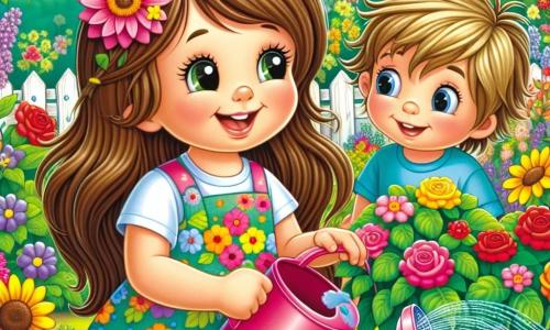 Una bambina di 4 anni, di nome Lia, con lunghi capelli castani e occhi pieni di curiosità, sorride felice mentre tiene un piccolo annaffiatoio rosa. Indossa un vestito a fiori colorati ed è accucciata vicino a una pianta verde, pronta a darle acqua. Accanto a lei, il suo amico Luca, un ragazzo di 4 anni con capelli biondi arruffati e una maglietta blu, osserva attentamente un'ape che vola intorno ai fiori, con gli occhi spalancati per la meraviglia. Il giardino della scuola è pieno di fiori dai colori vivaci, come rose rosse, girasoli gialli e violette, circondati da una lussureggiante vegetazione. Si possono vedere farfalle colorate volteggiare nell'aria e insetti ronzanti che si affaccendano intorno alle piante. La scena mostra Lia e Luca mentre si prendono cura delle piante, annaffiando con amore e rispetto, scoprendo la bellezza della natura che li circonda.