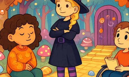 Hay 3 personajes: Luna, una niña de 10 años con cabello castaño y rizado, vestida con un suéter naranja con motivos de calabazas, sentada en una piedra con forma de caramelo, cerrando los ojos y escuchando atentamente las historias de los dulces; Ana, una niña de 11 años con trenzas rubias y un disfraz de bruja negro y morado, de pie con los brazos cruzados y una sonrisa confiada, observando el paisaje mágico; y Sofía, una niña de 10 años con cabello corto y castaño, sentada en una silla de ruedas decorada con guirnaldas de caramelos, mirando con curiosidad y sosteniendo un cuaderno de bocetos. El lugar es un bosque encantado, donde los árboles son de pasteles y las hojas brillan como caramelos, con un suelo cubierto de obleas y luces centelleantes flotando en el aire. Las tres amigas están descubriendo un camino de pasteles, rodeadas de dulces que susurran historias, asombradas y listas para escuchar y compartir golosinas mientras buscan una misteriosa pala mágica que las ayude a clasificar los caramelos.
