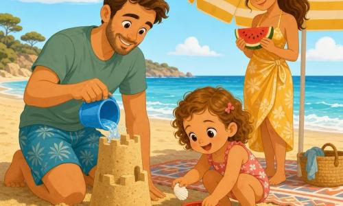 Bambina di 2 anni dal viso rotondo, capelli castano chiaro a piccoli ricci, occhi grandi e luminosi, espressione gioiosa e meravigliata, accovacciata sulla sabbia a raccogliere conchiglie bianche in un piccolo secchiello rosso; uomo di circa 35 anni, capelli corti castani e leggera barba, sorriso tenero, inginocchiato alla sua sinistra mentre versa acqua con un piccolo secchiello blu per costruire una torre di sabbia; donna di circa 33 anni, capelli lunghi raccolti in coda, pelle abbronzata e sguardo affettuoso, in piedi dietro di loro all'ombra di un grande ombrellone giallo e bianco a tenere una fetta di anguria; spiaggia assolata con sabbia dorata, onde morbide sullo sfondo e qualche conchiglia disseminata; momento tenero e tranquillo di vacanza estiva.