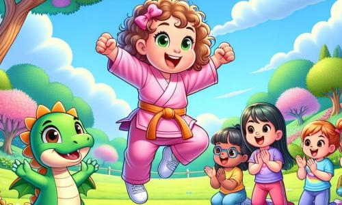 In un parco soleggiato, una bambina di 2 anni, Mia, con capelli ricci e un sorriso splendente, indossa un kimono di karate rosa e si prepara a saltare. Accanto a lei, un drago in miniatura di nome Dino, con squame verdi e ali dorate, batte le ali con entusiasmo. Intorno a loro, quattro altre bambine, di età compresa tra 3 e 4 anni, con capelli di diversi colori (biondi, castani, rossi e neri), indossano t-shirt colorate e pantaloni corti. Le stanno incoraggiando, con le braccia alzate e espressioni gioiose sui volti. Il parco è pieno di fiori colorati, alberi maestosi e un prato verde brillante. Un cielo blu chiaro con alcune nuvole bianche aggiunge all'atmosfera gioiosa. La scena principale mostra Mia e Dino che saltano insieme, mentre le altre ragazze applaudono e sorridono, creando un'atmosfera di amicizia e gioia attorno al karate.