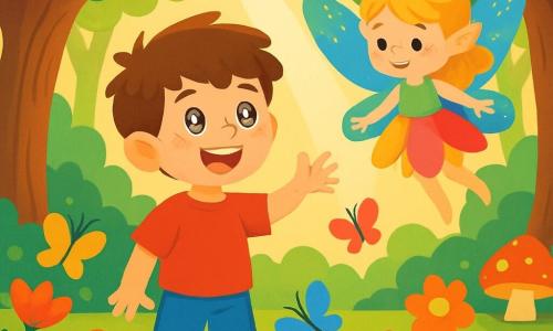 Um menino chamado Tomás, de 8 anos, com olhos brilhantes como estrelas e cabelos castanhos desgrenhados, está no centro da cena, um grande sorriso iluminando seu rosto curioso. Ele está cercado por flores coloridas que dançam ao vento. Ao seu lado, uma pequena fada com asas cintilantes de cores vivas, cabelos dourados e um vestido feito de pétalas, voa alegremente, seus olhos brilhando de travessura. O cenário é uma floresta encantada, repleta de árvores majestosas com troncos retorcidos, cogumelos multicoloridos e raios de sol filtrando pelas folhas, criando uma atmosfera mágica. A cena principal mostra Tomás estendendo a mão para a fada, deslumbrado com a promessa de aventuras extraordinárias, enquanto borboletas coloridas flutuam ao redor, acrescentando um toque de leveza a este momento encantado.