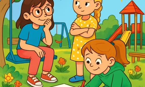 Er zijn 3 personages: - Sara: een 10-jarig meisje met bruin haar en een bril met ronde glazen. Ze draagt een blauwe t-shirt en een roze broek. Ze zit op een schommel, glimlachend en nadenkend. - Noor: een 9-jarig meisje met gevlochten blond haar en een gele jurk met stippen. Ze staat naast Sara, met gekruiste armen en een peinzende blik. - Emma: een 10-jarig meisje met rood haar in een paardenstaart en een groene hoodie. Ze zit voor een groot vel papier en tekent ideeën met kleurpotloden. De locatie is een mooie schooltuin, met groene bomen, kleurrijke bloemen en een groot speelterrein. Er zijn schommels, een glijbaan en een hoek met houten banken. De lucht is blauw en zonnig, wat een vrolijke sfeer creëert. De belangrijkste situatie toont de drie vriendinnen die discussiëren en ideeën uitwisselen om hun school gastvrijer te maken voor alle kinderen, vooral voor degenen met een handicap. Ze zijn omringd door tekeningen en schetsen die ideeën voorstellen voor het verbeteren van het speelterrein en het klaslokaal.