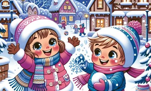 Een meisje van 3 jaar met grote glanzende ogen en roze wangen draagt een dikke roze jas en een kleurrijke sjaal. Ze lacht hard, met haar armen omhoog, terwijl ze probeert sneeuwvlokken te vangen die zachtjes uit de lucht vallen. Naast haar staat een jongen van 4 jaar met rommelig blond haar, gekleed in een blauwe overall en een rode muts. Hij glimlacht terwijl hij een sneeuwbal naar het meisje gooit, wat bijdraagt aan de vrolijke sfeer van de scène. Op de achtergrond ligt een pittoresk dorp bedekt met een dikke laag sneeuw, met houten huizen met besneeuwde daken en fonkelende lichten die de ramen versieren. Bomen zonder bladeren, bedekt met sneeuw, omzomen het pad. De hoofdscène toont het meisje en de jongen die samen in de sneeuw spelen, herinneringen creërend op een mooie winterdag, omringd door de magie van het seizoen.