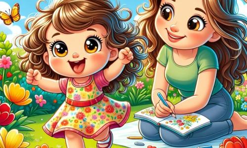 Una bambina di 2 anni, Lina, con grandi occhi brillanti e capelli ricci, indossa un vestito colorato a fiori. È gioiosa e sorridente, corre in un giardino soleggiato con le braccia aperte, meravigliata dai fiori che la circondano. Sua mamma, una donna di circa 30 anni con capelli lunghi e castani, è seduta su una coperta nelle vicinanze, sorridendo mentre guarda la figlia. Tiene un quaderno da disegno e dei pastelli, pronta a disegnare i tesori che Lina scopre. Il giardino è pieno di fiori dai colori vivaci, come tulipani rossi e narcisi gialli, con farfalle che volano intorno. Un grande albero verdeggiante offre ombra, e il cielo è di un blu brillante con alcune nuvole bianche e soffici. Lina cerca tesori nel giardino, tenendo un bel sasso lucido nella sua manina, mentre esclama con entusiasmo, pronta a mostrare la sua scoperta alla mamma.