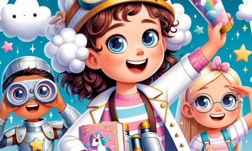 A 10-year-old girl named Maya, with curly brown hair and sparkling joyful eyes, is dressed as a cloud explorer, wearing cotton clouds on her head and binoculars around her neck. She has a wide smile, her cheeks flushed with excitement, while holding a large book-shaped cake decorated with clouds and twinkling stars. Next to her, her 6-year-old brother Leo is dressed as a robot-ninja-chef, in a shiny silver suit and a chef's hat. He strikes a victory pose with a big smile, arms raised in the air. In the background, their friends Olivia and Zoe are also present: Olivia, 10, is dressed as a unicorn detective with a colorful cape and a magnifying glass, while Zoe, 10, wears a time-traveling scientist costume with futuristic glasses and a tool-filled apron. The scene takes place in a sunny garden filled with colorful lanterns hanging from the trees, floating balloons, and a large table decorated with cakes, treats, and games. Laughter and joy fill the air, creating a festive and magical atmosphere. Maya, surrounded by her friends, is ready to blow out her candles, illuminated by the soft light of the lanterns.