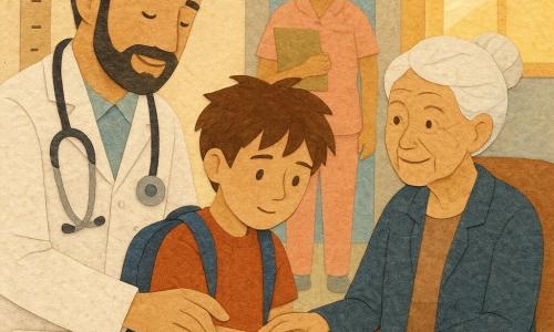 Dr. Amir, about 35, calm and smiling in a textured white paper-cut coat with a felt stethoscope, gently guides Leo, an ~11-year-old boy with a blue backpack and messy hair, to feel the wrist pulse of Mrs. Kwon, an ~80-year-old woman with white hair in a bun and a mischievous bright look, seated by a window with a teacup on a tracing-paper table; Nurse Lina, ~30, in pale pink holds a tray in the background slightly blurred; the bright geriatric ward corridor has pastel walls, a large golden-lit window, a whiteboard with notes (“likes jazz”, “daughter visiting”), a height chart and stacked wooden chairs; the moment is tender and educational, slow reassuring gestures and expressions of connection; graphic style: torn paper textures, layered colored paper, drawn drop shadows, visible pencil strokes, warm contrasting colors, irregular edges and collage layers.