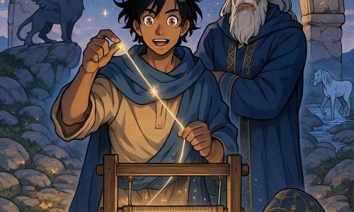A young man, Tariq (about 28), stands center with a determined, awed face, windblown dark hair, wearing a sand-colored Saharan tunic and blue shawl, delicately holding a glowing star-thread above an ancient wooden loom; to his right the Guardian (about 60), a wise man with a long gray beard in deep blue robes embroidered with gold, stands protectively behind the loom; an old tortoise, Zephyr, with a shell patterned in golden constellations, moves slowly at Tariq’s feet; in the distance a griffin perches on a rock and a unicorn drinks from a crystal stream; the scene is atop a mountain at twilight, with sun-warmed stones, glowing flower carpets, carved stone arches, and a magical, hopeful atmosphere as threads of light weave the border between two worlds.
