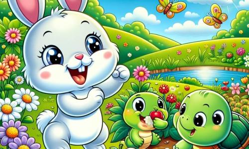 An illustration depicts a small white rabbit with sparkling eyes and big ears, joyfully jumping in a colorful garden. It has a wide smile, showing its enthusiasm for the garden created with friends. Next to it, a turtle with a shiny green shell observes the plants with a gentle smile, pleased with their work. A small brown mouse, with bright eyes, enjoys a slice of apple, beaming with satisfaction and pride. The garden is set in a sunny meadow, surrounded by green hills and a sparkling stream. Colorful flowers and well-aligned vegetables thrive in the fertile soil, creating a lively natural scene. The main focus shows the three friends celebrating their plants' growth and sharing a joyful picnic. Additional graphic elements include butterflies fluttering around the flowers, birds singing in the trees, and a blue sky dotted with fluffy white clouds, adding a cheerful and friendly atmosphere to the scene.